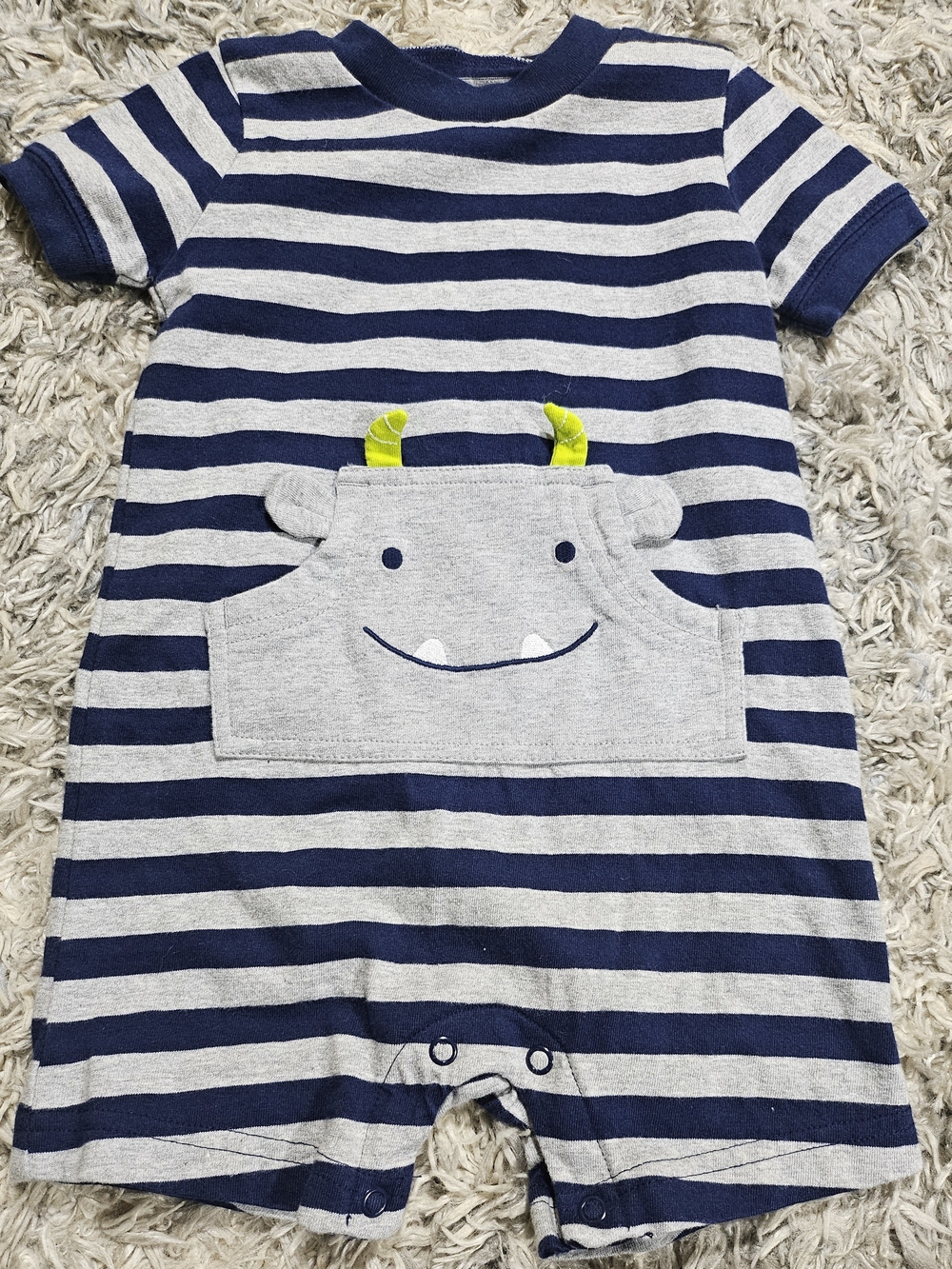 Navy & Gray Striped Monster Pocket Kids Pajama Romper